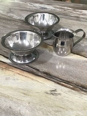 3pc Vintage Stainless Steel Creamer & Footed Sugar Bowls Set Japan India MCM
